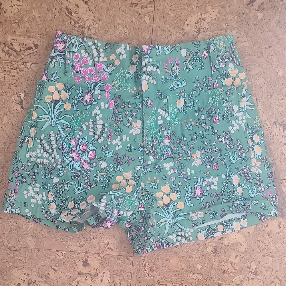 Anthropologie High Waist Green and Pink Floral Shorts